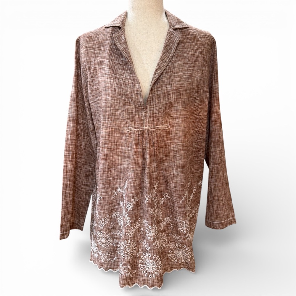NURTURE Brown Cotton Embroidered Eyelet Long Sleeve Tunic Top Size L